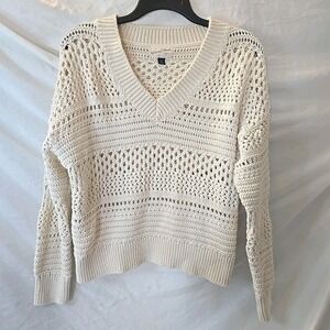 Universal Thread V-neck Cream Crochet Sweater Sz XL Cottagecore‎